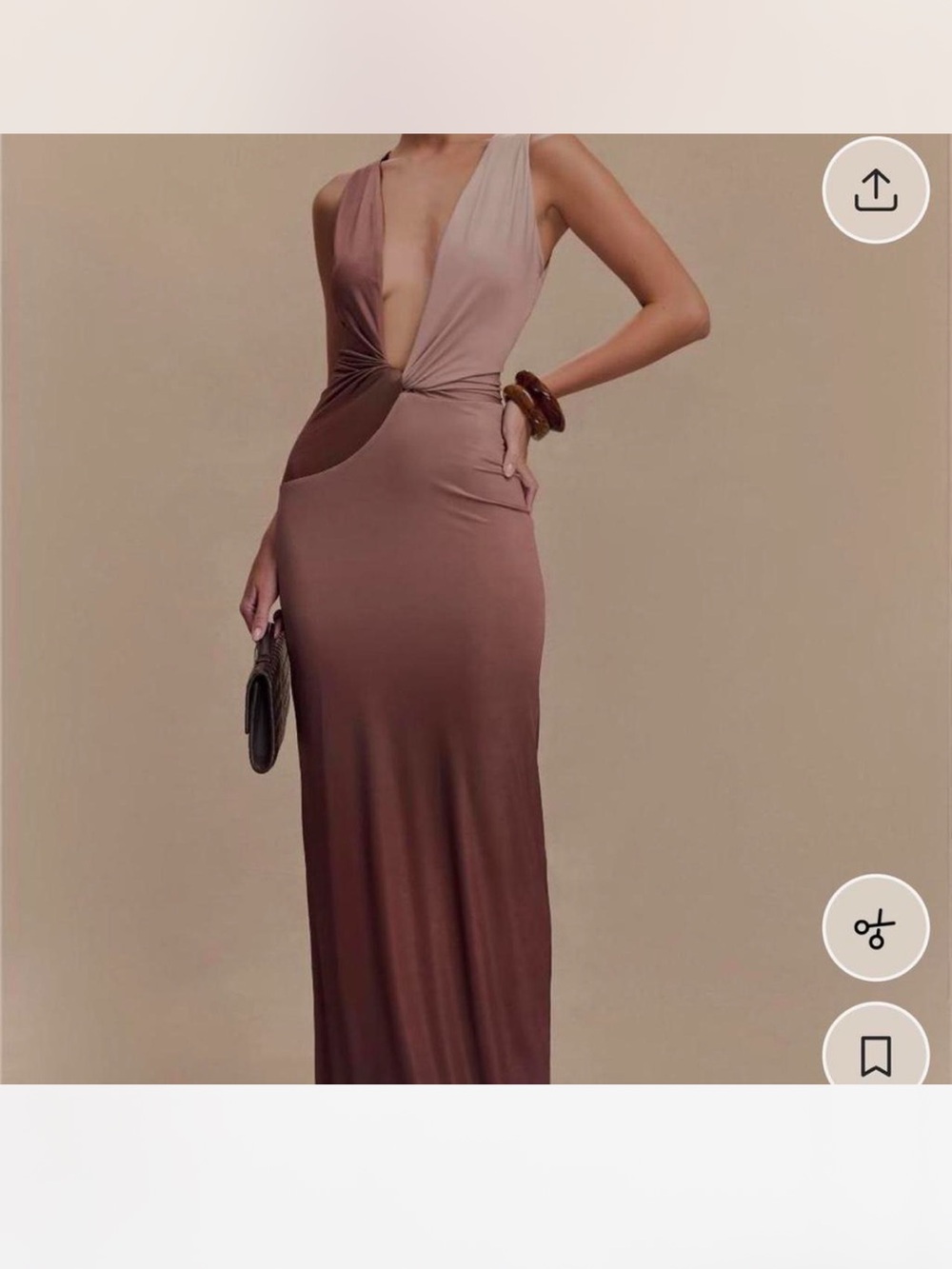Meshki Ombre Plunge Twist Maxi Dress in Pink and Brown